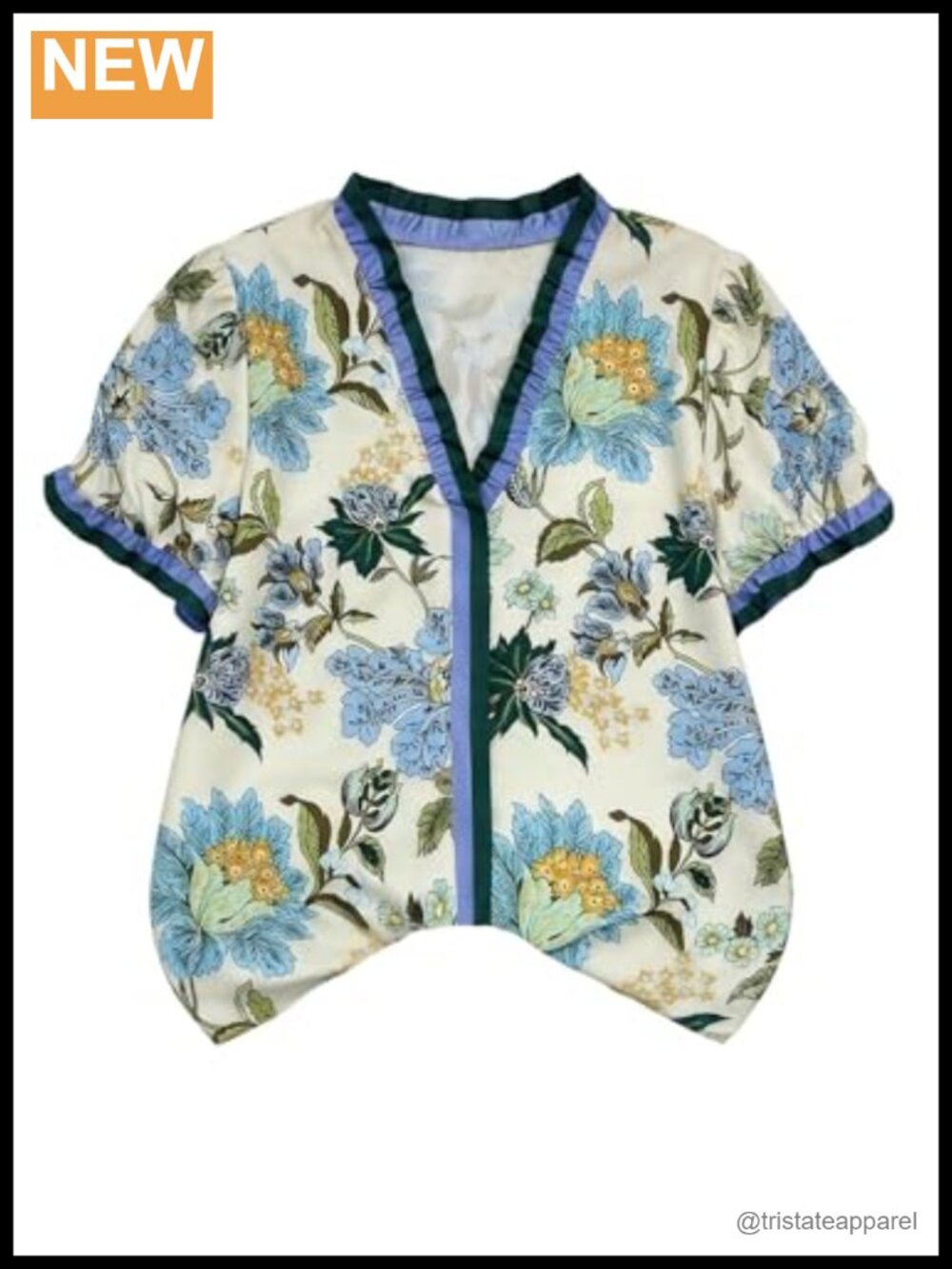Boho Floral Print V Neck Blouse Short Sleeve Ruffle Trim Vacation Shirt